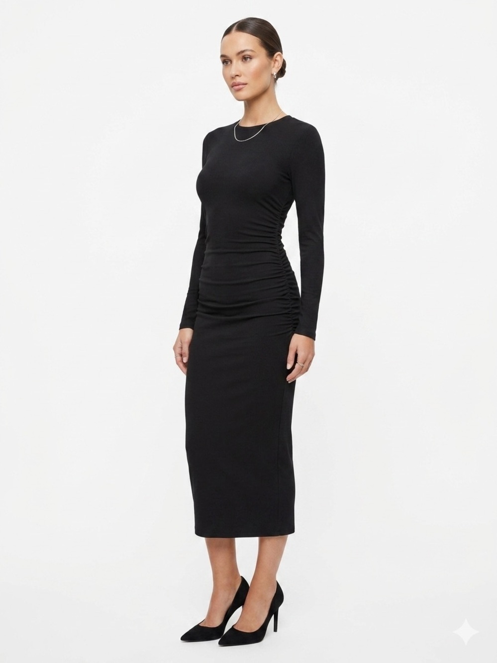 Intempo Black Long Sleeve Ruched Bodycon Dress S | Adjustable Length Maxi/Short